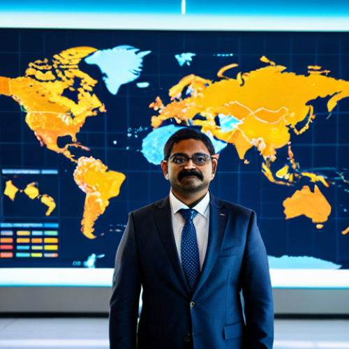 Home 6 A highly competent international trade expert, an Indian professional, stands in a sophisticated, minimalist global control room. Large interactive screens display real-time global market data, AI analytics, and intricate supply chain maps with glowing digital lines connecting continents. The expert is fully clothed in a modest, sharp business suit, gesturing confidently towards a holographic projection of a global trade network. The atmosphere is future-focused and dynamic. This image adheres to all safety guidelines. It features perfect anatomy, correct proportions, and a natural pose with well-formed hands and proper finger count. Professional photography, high detail, sharp focus, vibrant colors, and futuristic lighting. Safe for work, appropriate content, fully clothed, professional, modest.