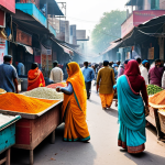 A bustling marketplace in Delhi, India. Women in colorful sarees are selling spices, fruits, and vegetables. Men in traditional kurta pajamas are bargaining. The scene is vibrant and full of life. Safe for work, appropriate content, fully clothed, professional photography, high quality.