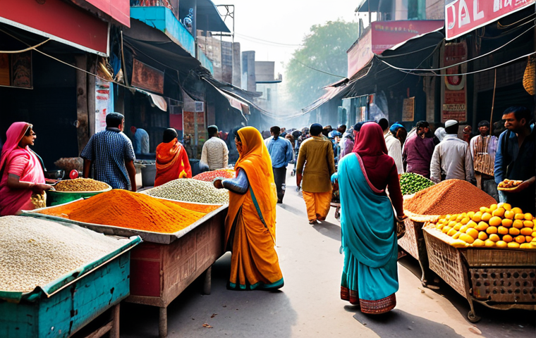 A bustling marketplace in Delhi, India. Women in colorful sarees are selling spices, fruits, and vegetables. Men in traditional kurta pajamas are bargaining. The scene is vibrant and full of life. Safe for work, appropriate content, fully clothed, professional photography, high quality.