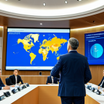 **

"A professional international trade specialist, fully clothed in appropriate attire, delivering a presentation at a conference. The background shows a modern conference hall with attendees. The specialist is pointing to a slide on a screen displaying global trade trends. Safe for work, perfect anatomy, natural proportions, professional, modest, family-friendly."

**