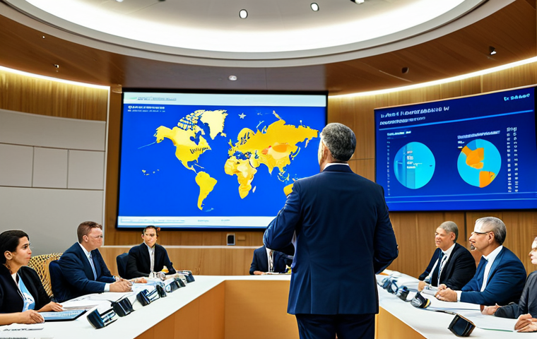 **
"A professional international trade specialist, fully clothed in appropriate attire, delivering a presentation at a conference. The background shows a modern conference hall with attendees. The specialist is pointing to a slide on a screen displaying global trade trends. Safe for work, perfect anatomy, natural proportions, professional, modest, family-friendly."
**