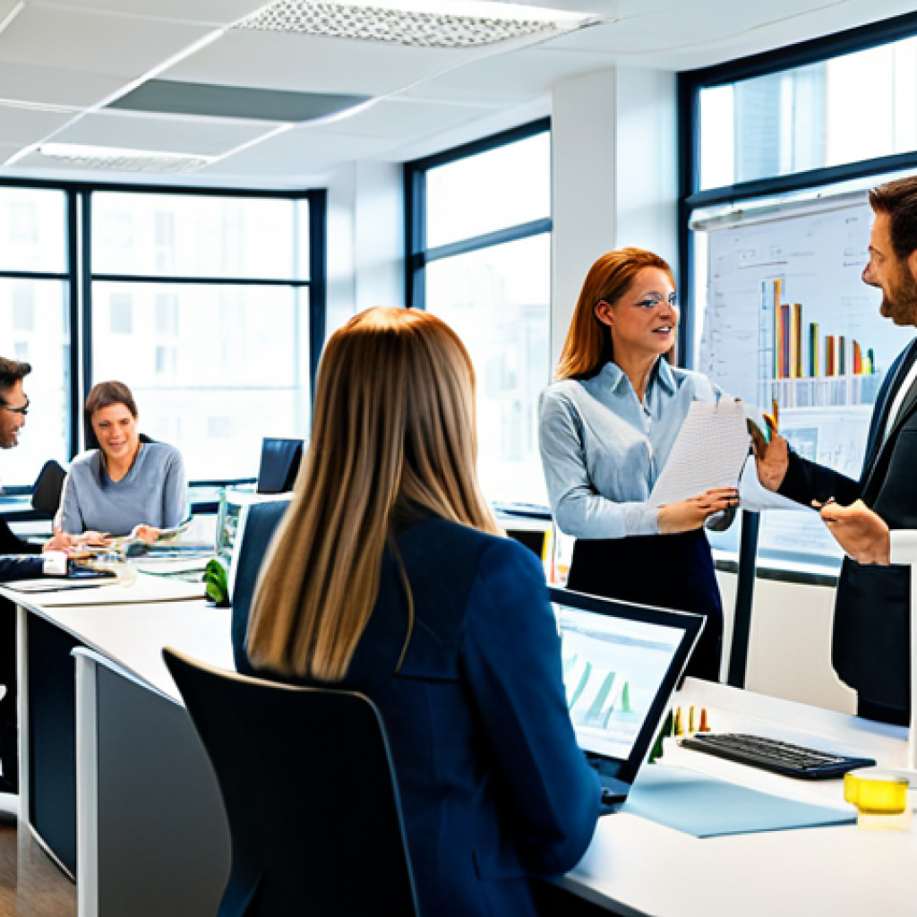 **

"A bustling modern office scene, featuring a diverse team of professionals collaborating on sustainable business practices. The office is brightly lit with energy-efficient lighting. Employees are fully clothed in modest business attire, discussing charts showcasing reduced waste and improved energy efficiency. Safe for work, appropriate content, professional environment, perfect anatomy, natural proportions, family-friendly, high quality."

**