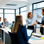 **

"A bustling modern office scene, featuring a diverse team of professionals collaborating on sustainable business practices. The office is brightly lit with energy-efficient lighting. Employees are fully clothed in modest business attire, discussing charts showcasing reduced waste and improved energy efficiency. Safe for work, appropriate content, professional environment, perfect anatomy, natural proportions, family-friendly, high quality."

**