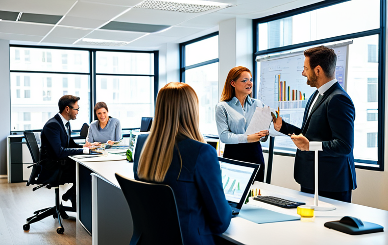 **
"A bustling modern office scene, featuring a diverse team of professionals collaborating on sustainable business practices. The office is brightly lit with energy-efficient lighting. Employees are fully clothed in modest business attire, discussing charts showcasing reduced waste and improved energy efficiency. Safe for work, appropriate content, professional environment, perfect anatomy, natural proportions, family-friendly, high quality."
**
