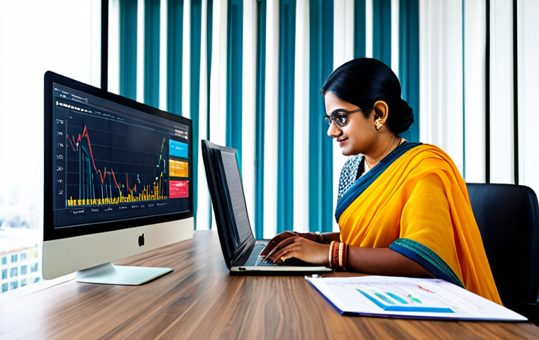 무역 실무자의 자기계발 방법 - **Subject:** A professional Indian businesswoman in a modest, brightly colored sari, working on a la...