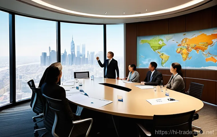 국제무역사 시험에 나오는 주요 법규 - **Prompt 1: Global Economic Architects in a Modern Hub**
"A vibrant, wide-angle shot of a divers...