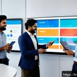 Home 14 무역업계 스타트업 성공 사례 - A modern Indian startup office scene showcasing diverse professionals collaborating around a large t...