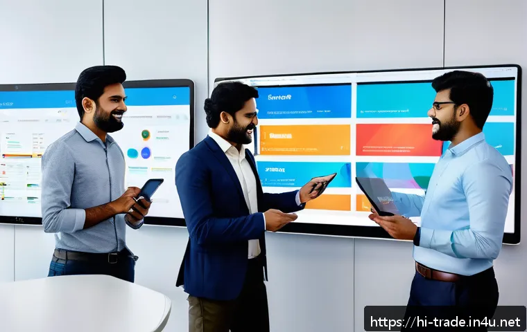 무역업계 스타트업 성공 사례 - A modern Indian startup office scene showcasing diverse professionals collaborating around a large t...