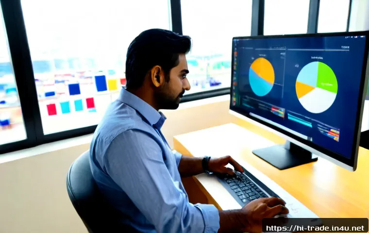 Home 17 무역 마케팅에서의 온라인 활용 - Photorealistic Indian export entrepreneur in a bright modern office, reviewing global online trade m...