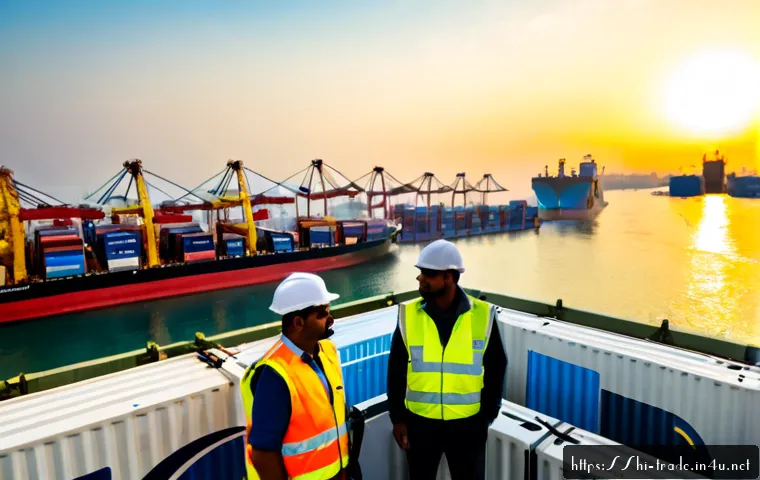 국제무역사의 미래 전망 - Photorealistic future international trade scene at a modern Indian seaport, diverse Indian logistics...
